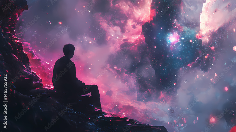 Canvas Prints double exposure artwork of a thoughtful man fading into the vastness of space, merging with luminous