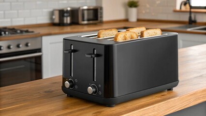 A sleek black four-slice toaster with golden toast emerging rests on a warm wooden kitchen countertop in a modern home, symbolizing convenience