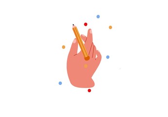 A colorful illustration of a hand holding a pencil, surrounded by colorful dots. The hand is mid-motion, and the pencil is directed upwards with vibrant red, blue, and yellow spots floating around