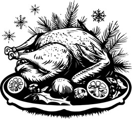 Black and white illustration of a roasted turkey with garnish, surrounded by pine branches and snowflakes on transparent background