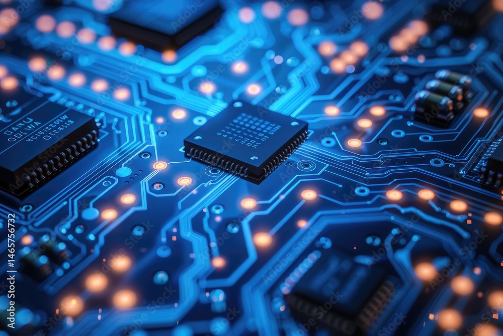 Poster close-up view of intricate circuit board with illuminated components.