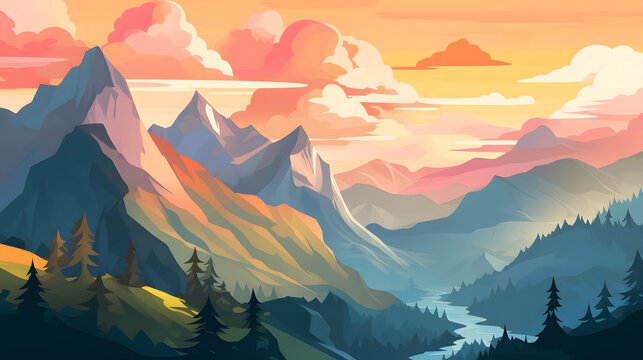 Vibrant Sunrise in Foggy Summer Mountains: Tranquil Landscape Photography