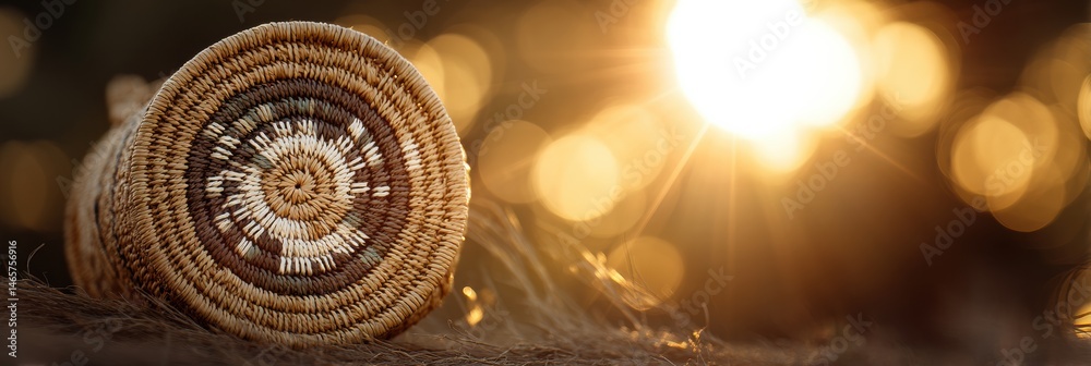Poster sunlight reflecting through a round straw purse creates a warm, glowing effect during a serene outdo