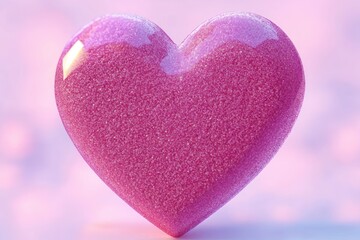 Obraz premium Glossy pink textured heart with sparkling surface on soft pink and purple blurred background, evoking warmth and affection