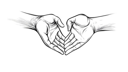 Professional hand-drawn line art illustration of two hands forming a heart shape