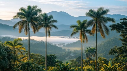 Obraz premium Misty valley, tropical landscape, palm trees, mountains