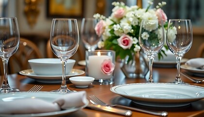 table set for a formal dinner with white and pink flowers