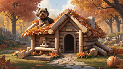 Small dog sitting on top of cozy wooden dog house covered with autumn leaves