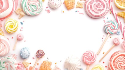 Colorful assortment of candies arranged in a frame on a white background