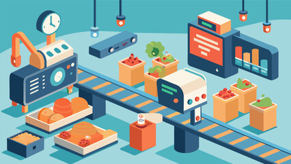 Obraz premium A bustling production line at a food processing plant is supported by digital twins of the machines constantly fed with realtime data to ensure efficiency and quality control.. Vector illustration
