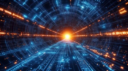 Fototapeta premium Digital tunnel formed by interconnected glowing blue and orange circuit lines leading to a bright light source, symbolizing futuristic technology and data flow
