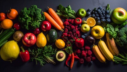 healthy raw food on the table, green vegetables and red fruits, flat lay, top view 