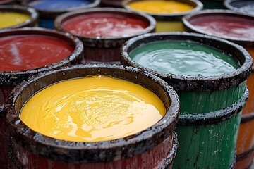 Colorful liquid in wooden barrels