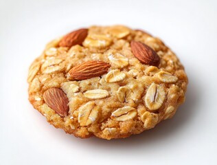 Close-up of a single oatmeal cookie topped with whole almonds and oat flakes on a white background