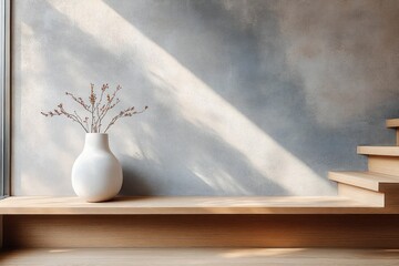 Minimalist interior scene with a white ceramic vase holding dry branches on a wooden bench next to a bare textured wall with soft natural light and shadow