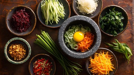 Bibimbap Prep: Colorful array of fresh ingredients ready for Korean mixed rice dish.