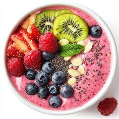 Healthy and colorful smoothie bowl filled with fresh fruits, chia seeds, nuts, and a vibrant pink base, perfect for a nutritious breakfast.