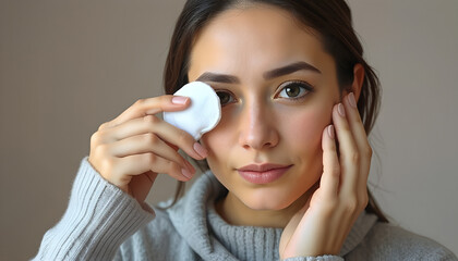 woman holding cold compress. Woman applying skincare treatment with cotton pad indoors  