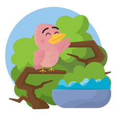 Smiling pink bird in jungle. Vector