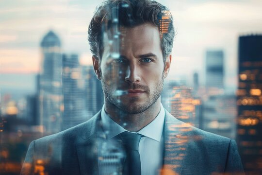 confident young businessman in suit and tie with cityscape reflections on glass in background during sunset