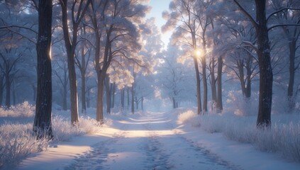 Hyper-Realistic Snowy Forest Path with Cinematic Lighting – Serene Winter Landscape in 8K
