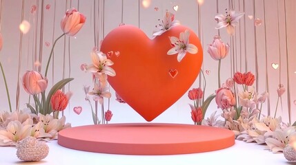 Big Red Heart Valentines Day Podium Elegant Valentines Day Podium for Product Presentation on Valentine Stylish Background for Celebration or Advertising Dreamy Dais, Elegant Design, Big Red Heart