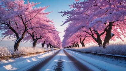 Serene Winter Landscape with Snow-Covered Road and Cherry Blossom Trees – Tranquil Scenic Photography
