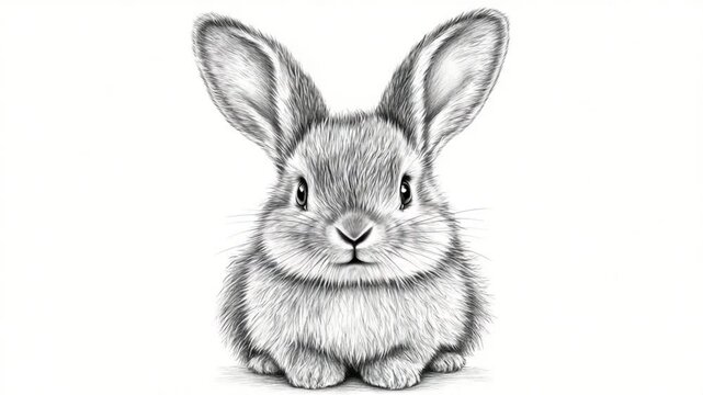 Intricate pencil drawing of a fluffy bunny, animal art portrait on white background