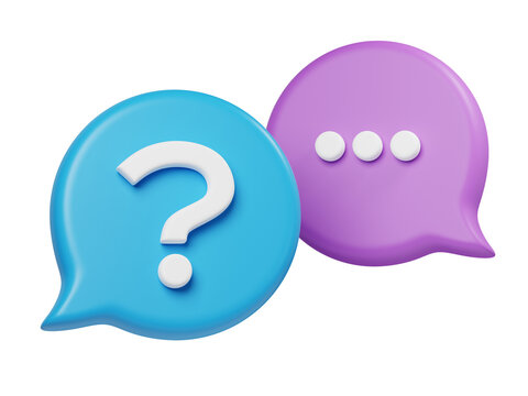 A survey chat speech bubbles with question mark symbol. Clarification, question, FAQ, QA concept. Survey reaction 3d icon illustration isolated on transparent background	
