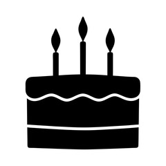 Simple birthday cake icon with three candles in a black silhouette