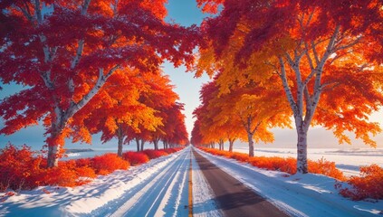 Surreal Winter Road with Colorful Maple Trees and Snow – Scenic Landscape Photography