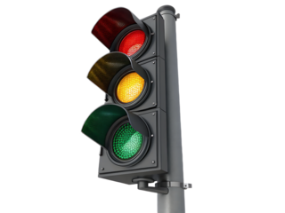 A traffic light with red yellow and green lights illuminated against a black background isolated view
