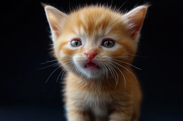 Fototapeta premium close-up of an orange tabby kitten with wide eyes and slightly open mouth showing curiosity and innocence in front of a black background