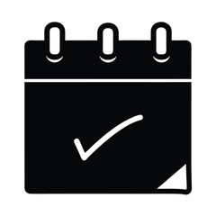 Solid black and white calendar icon with checkmark and peeled corner detail
