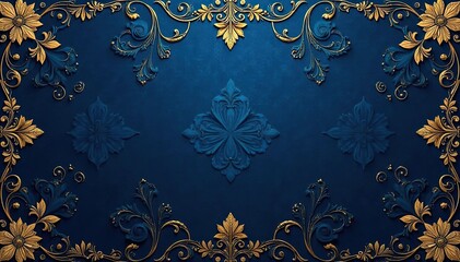 Intricate floral damask pattern in elegant gold on deep blue background , blue, design