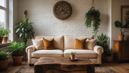 Minimalist Living Room Interior with Oatmeal Couch and Rustic Wooden Table – Cozy Scandinavian Design in 4K