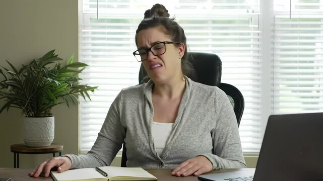 Woman Grimacing in Disgust at Her Desk in a Bright Office With Gray Sweater Eyeglasses and Potted Plant Displaying A Negative Emotion