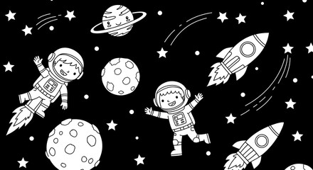 Space exploration coloring page for kids, cartoon astronauts, planets, rockets and stars, bold lines, simple black and white illustration, fun and imaginative