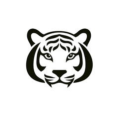 Bold black and white tiger head illustration with striking eyes and detailed stripes, conveying strength and elegance. minimalist design emphasizes tiger fierce expression