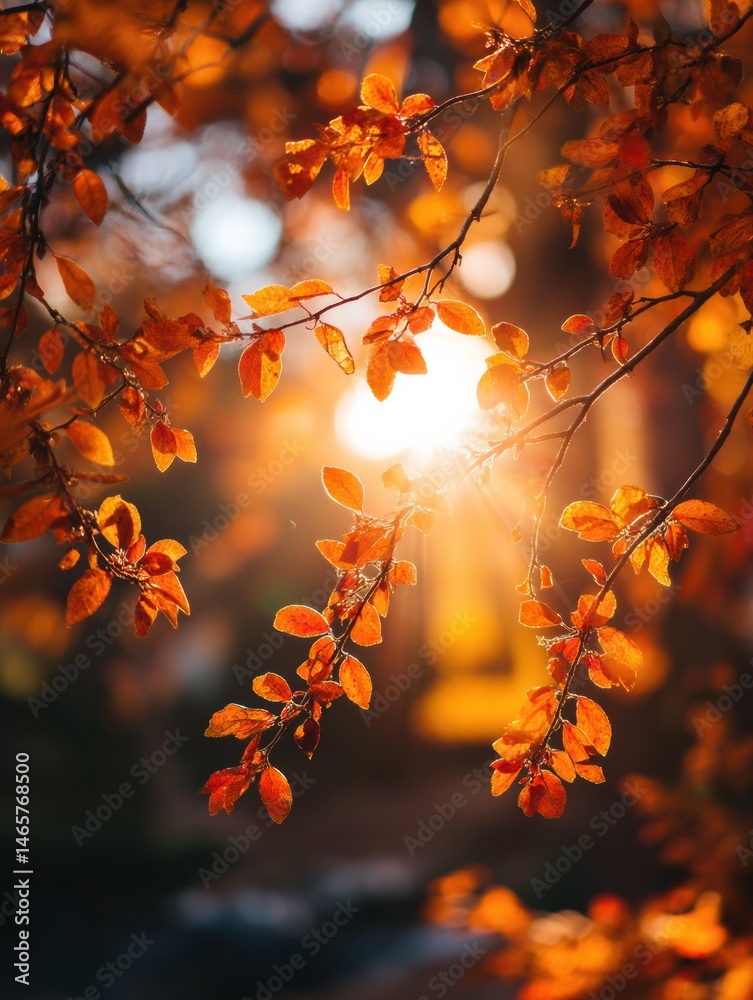 Poster sunlight filtering through vibrant orange foliage during autumn in a serene outdoor setting generati