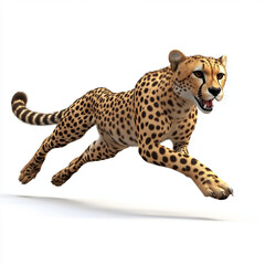 Cheetah in mid-sprint against a plain backdrop, showcasing its sleek, spotted coat and powerful musculature in dynamic motion.