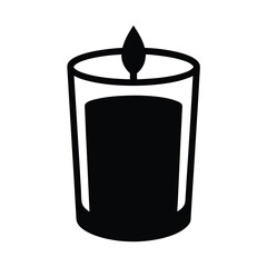 Solid black candle in a glass holder, flickering flame icon