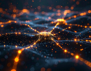 Abstract visualization of neural network connections with glowing lines and digital particles. Ideal for AI, big data, and futuristic technology concepts.