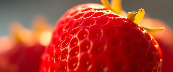 close up of a red strawberry with a blurry background