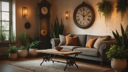Minimalist Living Room Interior with Oatmeal Couch and Rustic Wooden Table – Cozy Scandinavian Design in 4K