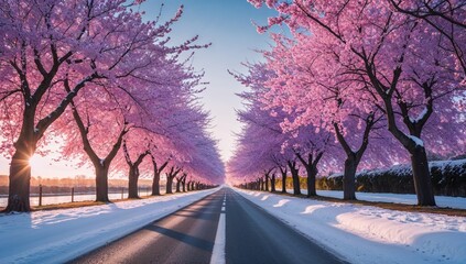 Serene Winter Landscape with Snow-Covered Road and Cherry Blossom Trees – Tranquil Scenic Photography
