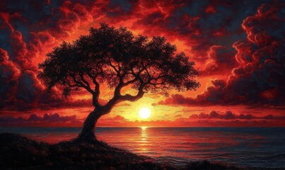 Solitary tree silhouetted against a dramatic red and orange sunset over a calm ocean with dark clouds overhead
