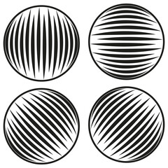 Striped sphere icon. Circular shape vector. Optical rounded form. Abstract black texture.