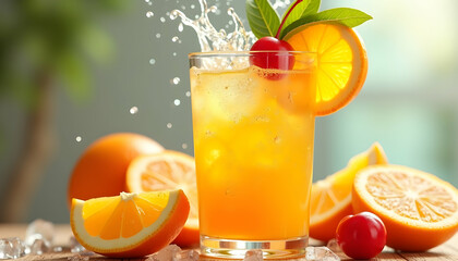 Fototapeta premium Splashing orange juice with cherries and orange slices