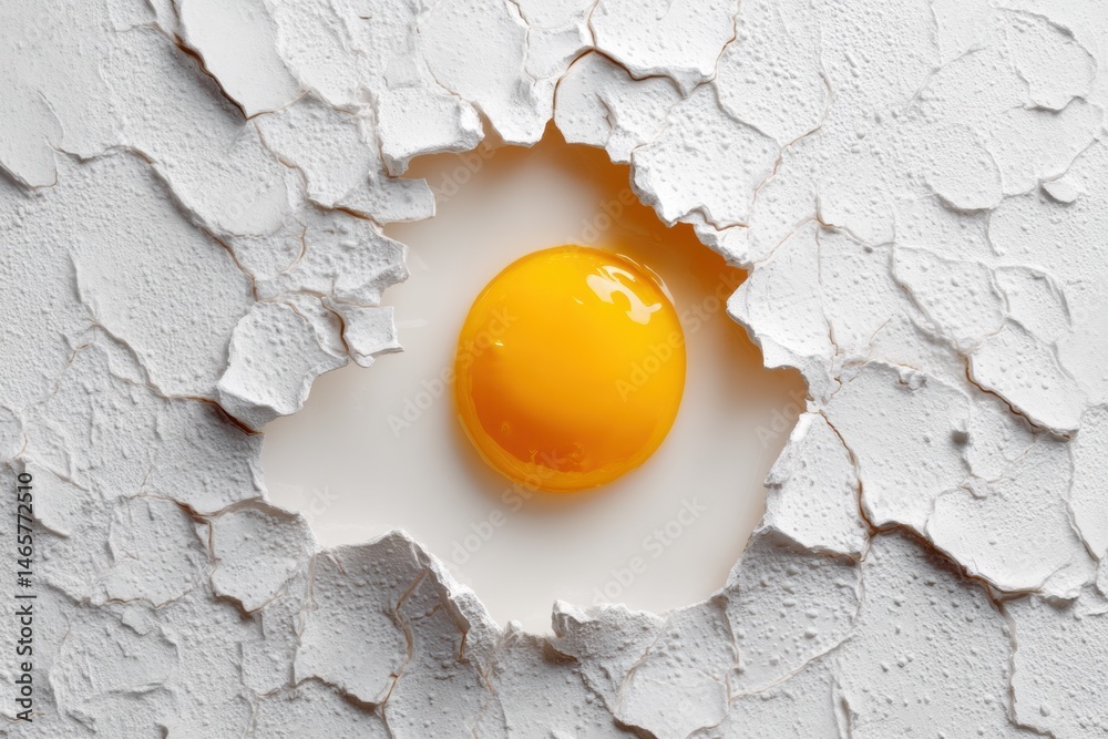 Aufkleber Cracked Egg With Bright Yellow Yolk Centered on a Smooth White Background Creating a Striking Visual Contrast and Simplicity Generative AI